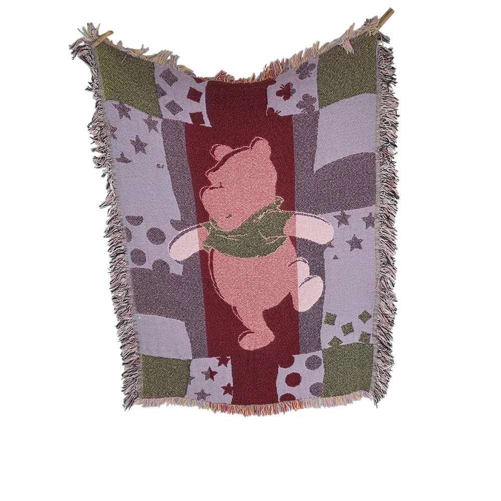 Disney Winnie the Pooh Vintage Woven Tapestry Throw Blanket Pink Purple Pastel